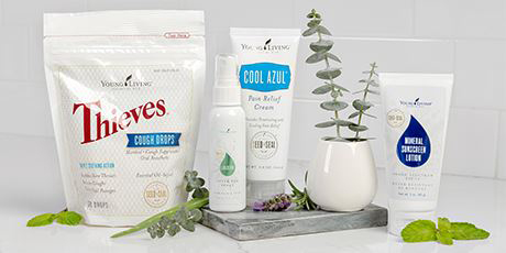 Young Living Essential Oils products: Thieves, Sunscreen, Cool Azul